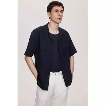 H M Regular Fit Linen Blend Utility Shirt Navy Blue
