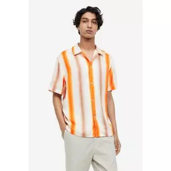 H M Regular Fit Short Sleeve Lyocell Shirt Orange White Stripe 0703672025