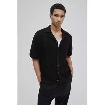 H M Regular Fit Textured Knit Camp Shirt Black