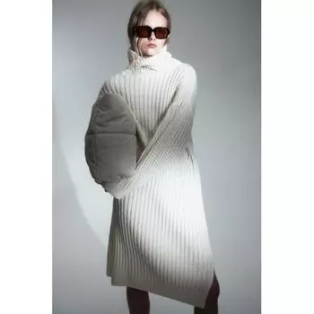 H M rib knit turtleneck dress cream