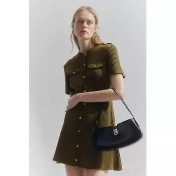 H M Ribbed Knit Button Front Dress Dark Khaki Green