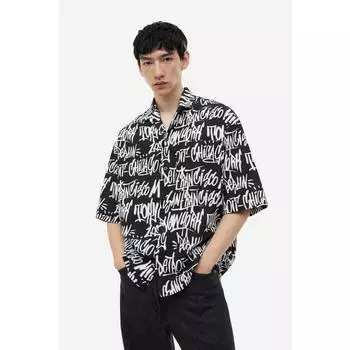 H&M Рубашка Oversized Fit Pattern Camp Черная Городская 1134728009