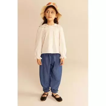H M Ruffle Detail Denim Pants Dark Denim Blue