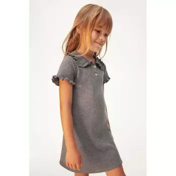 H M Ruffle Trim Fine Knit Dress Dark Grey Melange