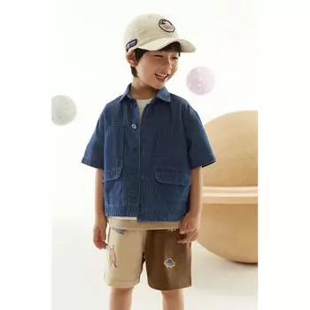 H M Short sleeve denim shirt dark denim blue