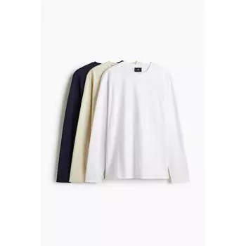 Комплект из 3 предметов облегающего трикотажного топа HM Slim Fit светло-бежевого цвета, темно-синего цвета S