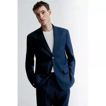 H M Slim Fit Linen Jacket Dark Blue
