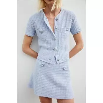 H M Textured Knit Skirt Light Blue