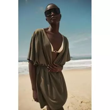 H M V neck beach dress dark khaki green