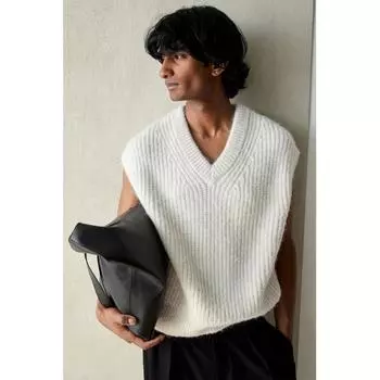 H M V Neck Sweater Vest Loose Fit creaM XS