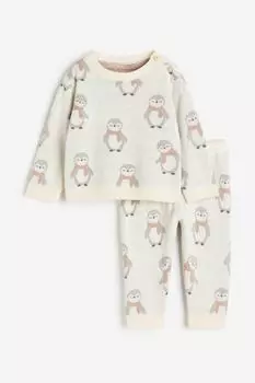 H&M жаккардовый трикотажный комплект из 2 предметов светло-бежевый/пингвин