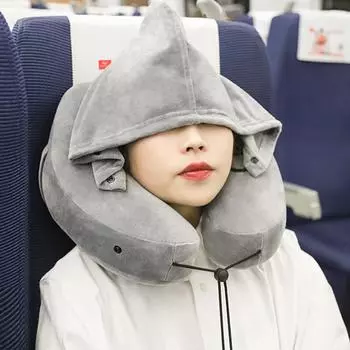 H-образная надувная подушка Автомобильная подушка для шеи Надувная подушка для шеи с капюшоном Портативная U-образная подушка Дорожные принадлежности Дорожная подушка для шеи чёрный