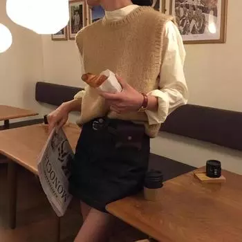 H* открытый однотонный круглый вырез вязаный жилет 2024 - ранняя осень корейский стиль многослойный топ для женщин, едущих на работу One Size