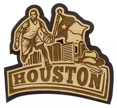 Хьюстонский деревянный гравированный магнит на холодильник сувенир подарок 4 x 3 Inches коричневый