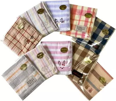 Hagiwara Towel Omakase Colored and Patterned Towel Set of 10 Gauze, Non-twisted Thread, Handkerchiefs, (with wrapping) gm-omakase-th10p