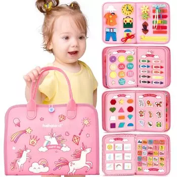 hahaland Монтессори Ткань Картинка Книга Игрушка Мальчики Девочки Годы Бизи Доска Обучающая Игрушка Движущаяся Шнуровка Завязывание Шнурка Кнопка Молния Кончики Пальцев розовый