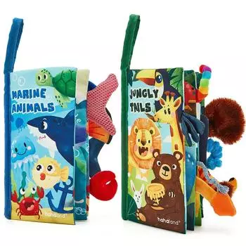hahaland Тканевая иллюстрированная книга для малышей 0-3-6 месяцев Игрушка в коляску 8-9 месяцев Набор из 2 штук Мягкий и шуршащий звук Идеальный подарок для новорожденных мальчиков и девочек