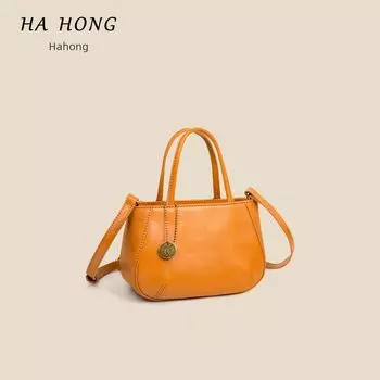 Hahong Full-grain Leather Square Sling Bag Shoulder Messenger Bag Genuine Leather Bag Women s Simple Retro Commuter Advanced Brown