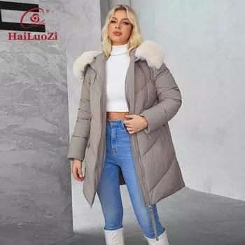Hailuozi2024 женское зимнее пальто с натуральным меховым воротником теплое женское пальто модное с капюшоном женское хлопковое 1320 1xl зелёный