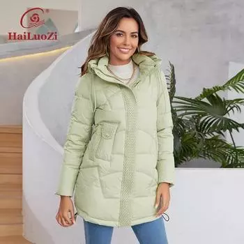 HaiLuoZi 2023 Новое пальто женское с коротким капюшоном теплая женская верхняя одежда элегантный вязаный дизайн однотонный женский пуховик с завязками по бокам 1178 S бежевый