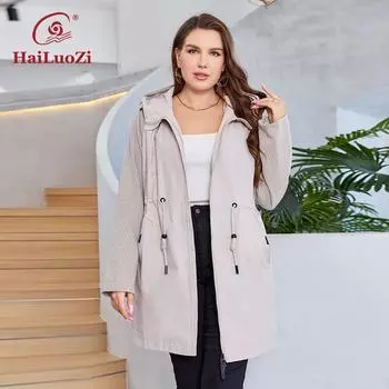 HaiLuoZi 2023 Новый осенний женский плащ больших размеров ветрозащитный средней длины женская одежда женская куртка на шнурках с капюшоном 730 2XL розовый
