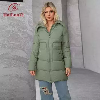 Hailuozi 2024 Новая женская зимняя теплая куртка с капюшоном и воротником из искусственного меха, однотонное женское пальто с большими карманами 618-1 S розовый