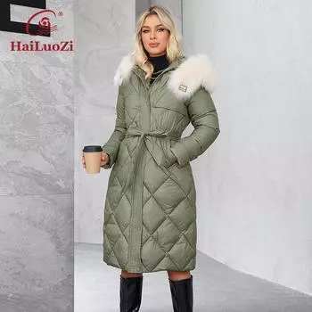 HaiLuoZi 2024 Новое женское зимнее хлопковое пальто с капюшоном и воротником из натурального волоса, длинное женское пальто, элегантное 1311 S чёрный