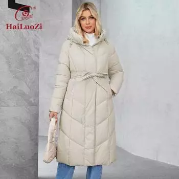 Hailuozi 2024 Новое женское зимнее пальто Длинное пальто Parker с поясом Теплая женская хлопковая косая карманная модная женская куртка 628 L чёрный