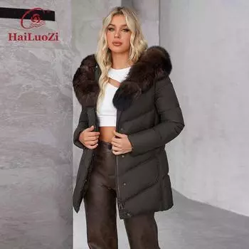 HaiLuoZi 2024 Новое зимнее пальто с капюшоном, воротник из натуральной шерсти, женское пальто Parker, однотонная женская хлопковая одежда 622 S чёрный