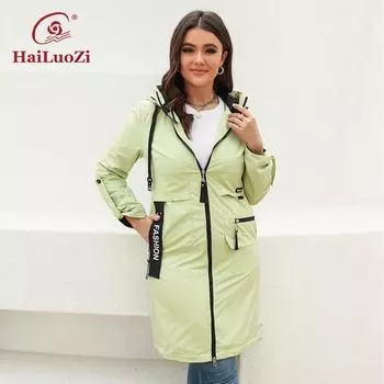 HaiLuoZi, весенне-осенний ветровка на молнии с капюшоном, женский плащ средней длины, новинка 2022 года, женская повседневная верхняя одежда с большими карманами 9663 L чёрный