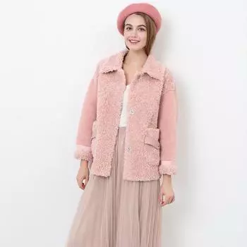 Haining fur autumn and winter new artificial fur splicing plush short women s fur jacket S розовый