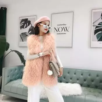Haining искусственный мех пляжный шерстяной жилет средней и длинной длины из ягненка кудрявая шерсть женская одежда зимняя жилет из искусственного енота, пальто зимнее S розовый