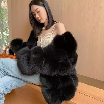 Haining young новая женская шуба из лисы средней и длинной шубы из цельного меха, кубики хлеба 2024 S чёрный