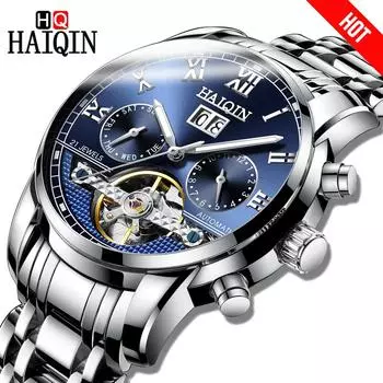 HAIQIN Мужские водонепроницаемые механические часы с турбийоном