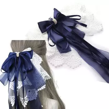 Hair Barrette Big Ribbon Lace Hair Clip Hair Ornament Invitation Hairpin Hair Accessory Blue синий