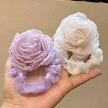Hair Tie Mesh Flower Hair Band Camellia Flower Elastic Hair Band Cute Rose Hair Rope Female синий