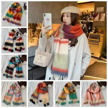 Hairball Winter Cashmere Scarves Tassel Mohair Long Shawl Warm Rainbow Striped Scarf Student B