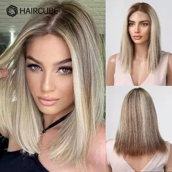 HAIRCUBE 100% парик из натуральных волос Remy, светлые парики из натуральных волос для белых женщин, 13x1 кружевные фронтальные парики, натуральный коричневый прямой парик боб