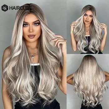 HAIRCUBE Белый Платиновый Смешанный Коричневый Синтетические Парики Длинные Волнистые Волосы Парики Для Женщин Средний Пробор Ежедневные Термостойкие Парики