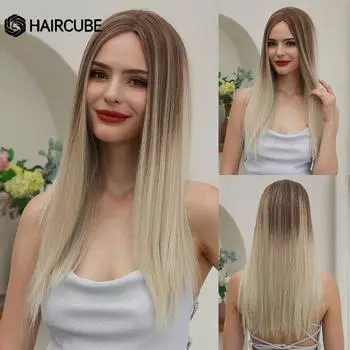 HAIRCUBE Длинные блондинки Ombre Прямые кружевные передние синтетические парики для женщин Ежедневный косплей Натуральные парики Парики из термостойкого волокна