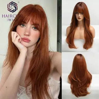 HAIRCUBE Длинные красно-коричневые медно-рыжие синтетические парики для женщин Натуральные прямые волосы Повседневный парик для косплея с челкой Термостойкий