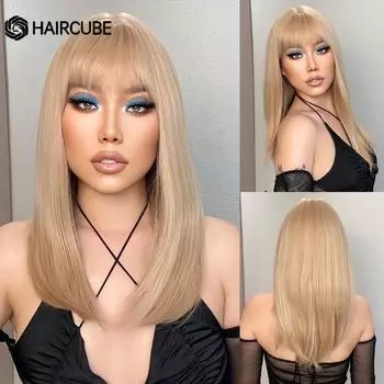 HAIRCUBE Длинные прямые светлые синтетические парики с челкой для женщин, повседневные парики для косплея, термостойкие парики из натуральных волос