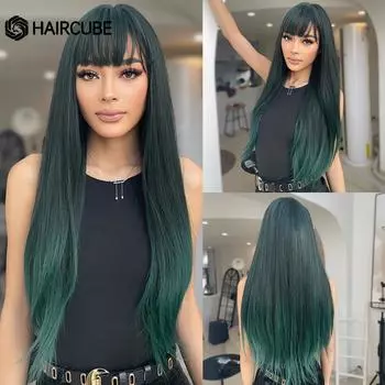 HAIRCUBE Длинные прямые темно-зеленые синтетические парики Косплей волосы с челкой Женские парики Ежедневное использование Термостойкие парики