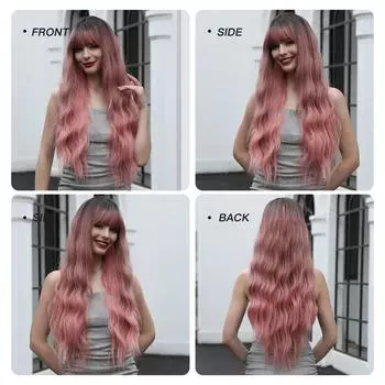 HAIRCUBE Длинные розовые волнистые синтетические парики с черными корнями, парики для женщин, термостойкие натуральные парики с челкой для вечеринки, вечеринки