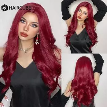 HAIRCUBE Длинные волнистые синтетические парики Парики из рыжих волос для женщин Косплей Ежедневная вечеринка Свидания Термостойкий парик из волокна