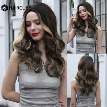 HAIRCUBE Длинные волнистые синтетические парики со средней частью для чернокожих женщин, черные, коричневые, термостойкие, искусственные волосы, парик, повседневный косплей, вечеринка