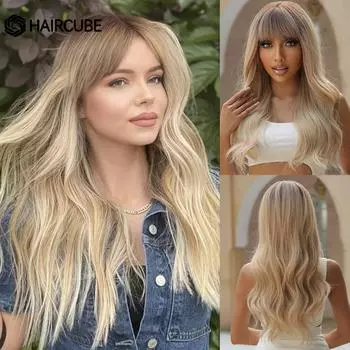 HAIRCUBE Длинные волны блондинки синтетические парики с челкой натуральные волнистые термостойкие светло-коричневые парики для женщин повседневный парик для вечеринок