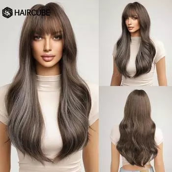HAIRCUBE Длинный коричневый, синий, волнистый, волнистый, парик из натуральных волос для женщин, повседневные термостойкие искусственные волосы с челкой