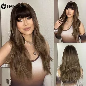 HAIRCUBE Длинный волнистый синтетический парик для косплея натуральный коричневый парик омбре для женщин повседневные вечерние термостойкие искусственные волосы с челкой