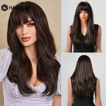 HAIRCUBE Коричневые синтетические парики с эффектом омбре, длинные волнистые парики для чернокожих женщин с челкой, повседневные термостойкие натуральные парики для косплея